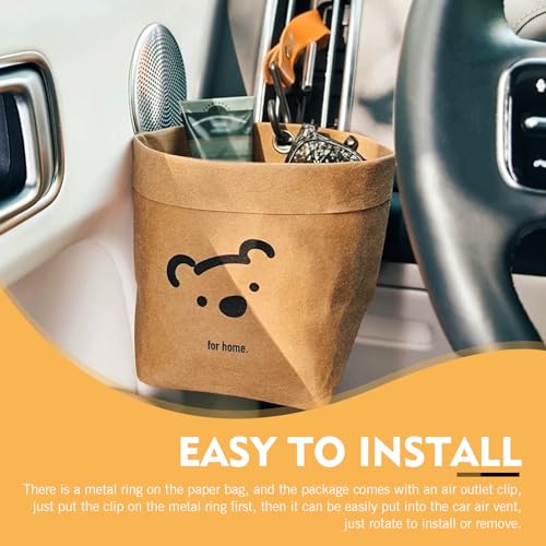 Car Storage Bag, 3.94" x 5.12" Washable Reusable Cute Bear Kraft Paper Car Organizer, Foldable Air Vent Mounted Trash Can, Back Seat Hanging Storage Box for Sunglasses Phone Card Key (Brown)