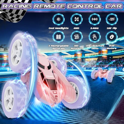 cosone Pink Purple RC Stunt Car for Kids | 360° Rotating Tricks, Double-Sided Driving, LED Lights, USB-C Rechargeable Battery, One-Click Demo - color: Purple&pink Pro