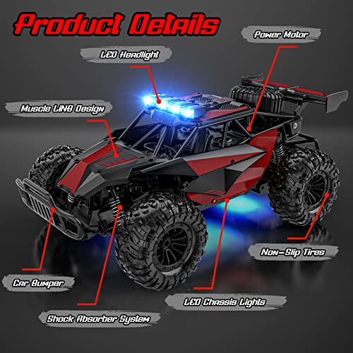 BLUEJAY Remote Control Car, 2.4GHz High Speed 33KM/H RC Cars Toys | 1:12 Monster RC Truck Off Road with LED Headlight and Rechargeable Battery Gifts for Adults Boys 8-12 - color: Burgundy Red