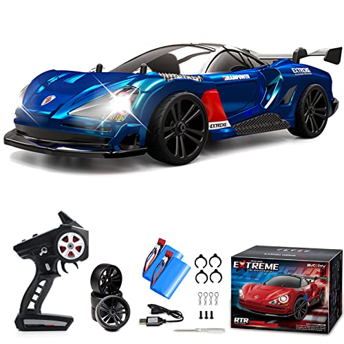 RC Drift Car, 1:16 RC Drifting Car Remote Control Car Rechargeable High Speed RC Cars Toys 4WD 2.4GHz Full Scale Blue RC Racing Cars with LED Lights Two Batteries for Boys and Adults - color: 2.blue