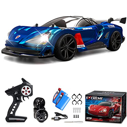 RC Drift Car, 1:16 RC Drifting Car Remote Control Car Rechargeable High Speed RC Cars Toys 4WD 2.4GHz Full Scale Blue RC Racing Cars with LED Lights Two Batteries for Boys and Adults - color: 2.blue
