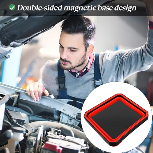 Collapsible Magnetic Parts Tray Set, Silicone Foldable Square Tool Bowls for Screw, Nuts & Small Metal Parts, Dual-Sided Magnet Base Auto Tool Organizer, Universal for Vehicles (Red) - color: Red