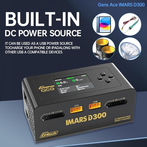 Lipo Battery Charger IMARS D300Gens。 Lipo Battery Charger G-Tech Series Smart Dual Lipo Balance Charger AC 300W DC 700W(350W*2),16A Dual Channel Charger for 1s~6s Lipo Batteries，Life/NiCd/MH/LiHV