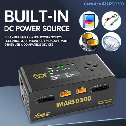 Lipo Battery Charger IMARS D300Gens。 Lipo Battery Charger G-Tech Series Smart Dual Lipo Balance Charger AC 300W DC 700W(350W*2),16A Dual Channel Charger for 1s~6s Lipo Batteries，Life/NiCd/MH/LiHV