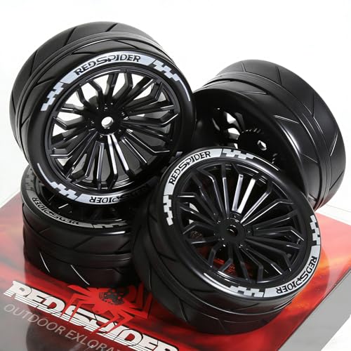 1/10 RC Car Tires and Wheels Set, On-Road Touring & Drift Tires with Foam Inserts, High Grip Rubber, 12mm Hex Compatible with Tamiya Traxxas HSP RC Cars (4 Pack) (Black) - color: Black