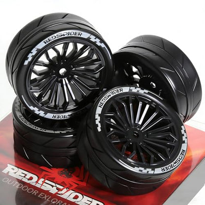 1/10 RC Car Tires and Wheels Set, On-Road Touring & Drift Tires with Foam Inserts, High Grip Rubber, 12mm Hex Compatible with Tamiya Traxxas HSP RC Cars (4 Pack) (Black) - color: Black