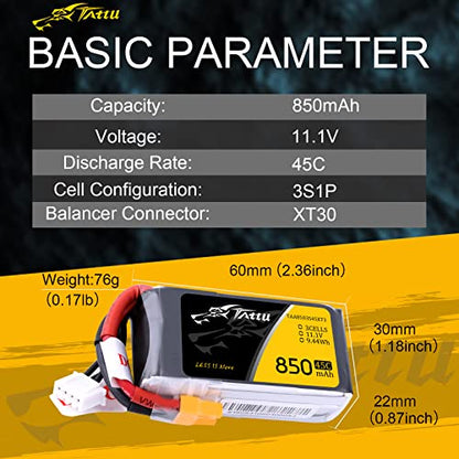 TATTU 850mAh 11.1V 45C 3S LiPo Battery Pack with XT30 Plug for Multirotor FPV 150 180 Size Quadcopter - size: 1 Pcs