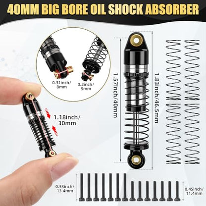 Skylety 7PCS RC Upgrade Kit Compatible with Axial SCX24 1/24 Crawler, 40mm Oil Filled Shock Absorbers, Brass Skid Plate, Steel Drive Shaft, Heavy Counterweight Chassis Parts