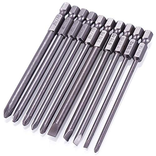 Rocaris 10pcs 1/4 Inch Hex Shank Long Magnetic Screwdriver Bits Set | 4 in Power Tools (Slotted+Cross Head) - size: 10Pcs(Slotted+Cross)
