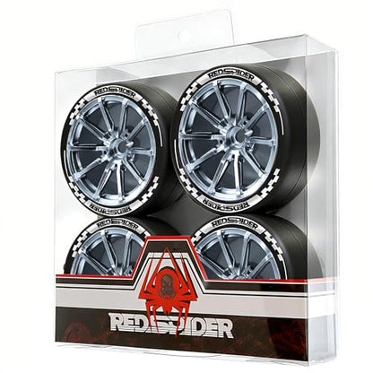 REDSPIDER 1/10 RC Drift Aluminum Wheels and Tires, OD 65mm Drift Racing Tires, 12mm Hex for 1:10 Rally Street On Road Touring Car (Titanium)