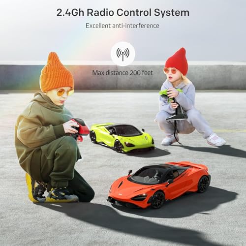 MIEBELY 1:12 Licensed McLaren 765LT RC Car 2.4G LED Toy for Kids Adults | Official license; dual 900mAh lithium; 40min playtime; 2.4G 200ft control; steering trim; left/right remote; LED lights - color: Orange