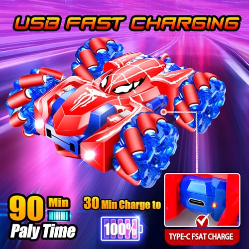 Spider Remote Control Car, 2.4Ghz Rechargeable Rc Cars 360° Rotating 4WD Stunt Car with Cool Lights | Double Sided Drift | Indoor Toys for Kids Ages 3-12 | Birthday