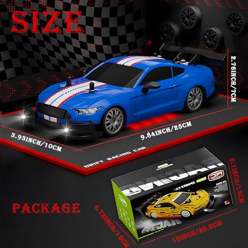 1:20 RC Drift Car for Kids,4WD 2.4GHz 30KM/H High Speed Remote Control Car, Racing Sport Toy Car with LED Lights,Drifting Tires＆2 Batteries (Blue) - color: Blue