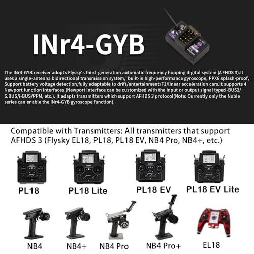GoolRC Flysky INr4-GYB Receiver, 2.4GHz 4 Channels AFHDS 3 Receiver Single Antenna PWM/PPM/i-BUS2/S.Bus/i-Bus Data Output Compatible with Flysky Noble NB4+ NB4 Pro+ RC Transmitter for RC Car Boat