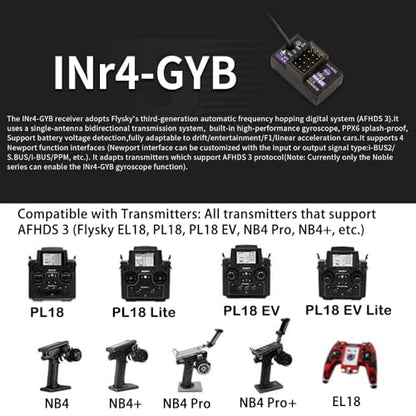 GoolRC Flysky INr4-GYB Receiver, 2.4GHz 4 Channels AFHDS 3 Receiver Single Antenna PWM/PPM/i-BUS2/S.Bus/i-Bus Data Output Compatible with Flysky Noble NB4+ NB4 Pro+ RC Transmitter for RC Car Boat