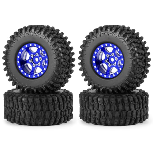 MORLORDY 4Pcs 1.0" Beadlock Wheels & 50mm Tires Set for 1/24 RC Crawlers Axial SCX24 Gladiator Deadbolt Bronco C10 JLU Upgrade Parts (Blue) - color: Blue