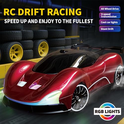 1:20 Scale Remote Control Drift Car 4WD 2.4GHz Racing Sport Toy RC Car with LED Lights, Racing and Drift Wheels (Red) - color: Red