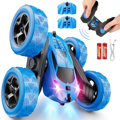 QUNREDA Remote Control Car, RC Cars Toys for Kids Ages 6-12, 4WD Stunt Car with LED Lights & 360° Flips, 2.4GHz, Upgraded USB-C Modular Batteries, 8-10 Year Old Boys Birthday Gift 1-Blue - color: 1-blue