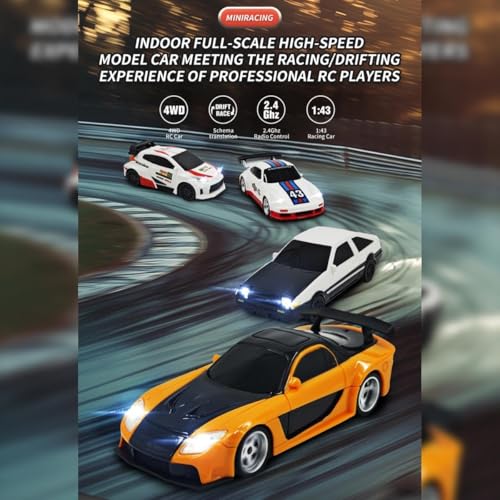 Aetheria 1/43 RC Drift Racing Car, 4WD Fully Proportional Mini Electric Race Vehicle with LED Lights Remote Control High Speed Car for Adult Outdoor - Ready to Run (White Blue) - color: White Blue