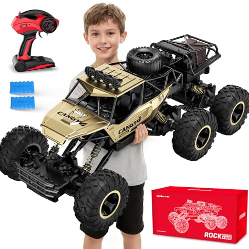 Remote Control Monster Truck, RC Cars Rock Crawler RC Truck with 2 Rechargeable Batteries, Metal Exterior & LED Lights, Large Boy Toys for Ages 4-7, 8-12 & Adults Great Gift - color: 6 Wheels Gold