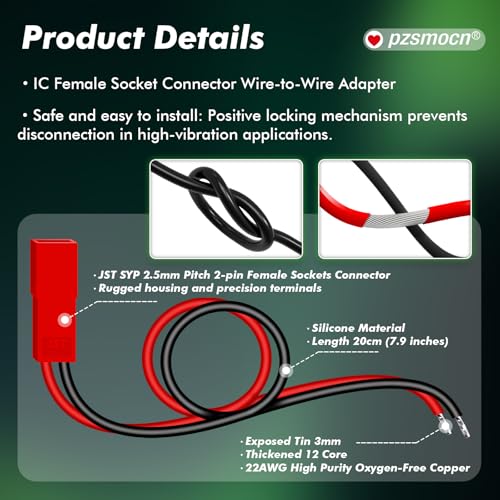 20 Pieces JST SYP 2.5mm 2 Pin 22AWG Silicone Connector Kit 20cm | Premium Automotive Wiring, Heavy Duty Terminals, Reliable Circuit Board, High Temperature Housing, Easy Project Assembly - size: 2-Pin, style: JST-SYP-F