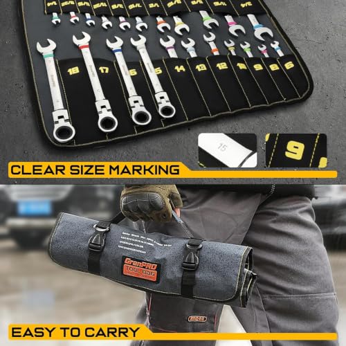 GRENPRO 23PC Flex Head Ratcheting Wrench Set SAE & Metric Mechanic Tools | 1/4"-3/4"&6-18MM Bolt Gauge, CR-V Steel 72-Tooth 180-Degree Flex Head 12Pt, Color Rings, Roll Pouch For Auto & Home Repair - style: 23PCS Flex Head Ratcheting Wrench Set Metric&SAE