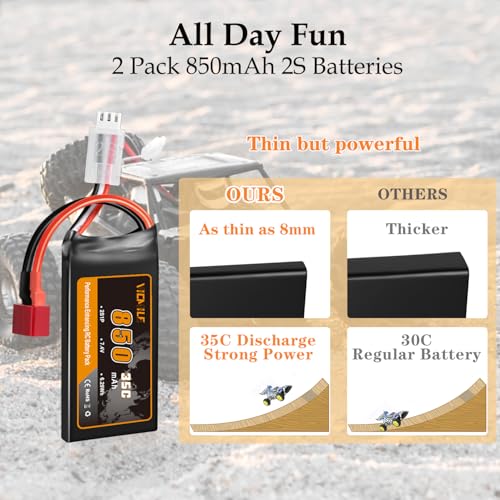 7.4V Lipo Battery Super Thin 2S 850mAh RC Battery with Dean-Style T Plug 35C High Discharge Rate Rechargeable Fit for DEERC WLtoys HBX Most 1/10 1/16 1/18 1/24 Scale RC Car Truck