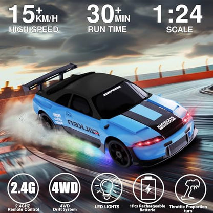 RC Drift Car 1:24 Remote Control Car 4WD 15KM/H High Speed Racing Sport Car with LED Lights RC Cars Toy for Kids Boys Girls Adults Gifts Birthday Christmas - color: Blue