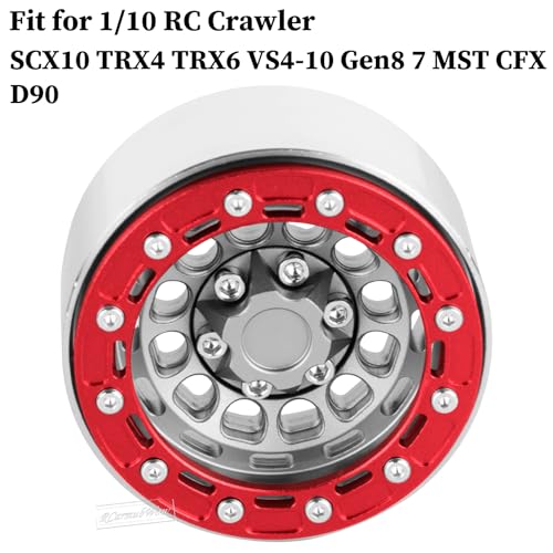 RC 1.9 Beadlock Aluminum Deep-Dish Wheels w/Adjustable Offset for 1/10 RC Crawler SCX10 TRX4 TRX6 VS4-10 Gen8 7 MST CFX D90,Alloy 1.9 RC Beadlock Wheels 1.9 RC Rims,Silver w/Red
