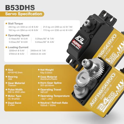 AGFRC 24KG 0.19s Programmable 1/10 Servo (B53DHS) | HV, Titanium Gears, 2BB, AL+Plastic Case, with 25T Metal Horn, for 1/10 RC Cars, Crawlers, Planes, Boats