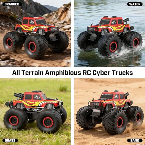 WayEee Amphibious Remote Control Car All Terrain RC Monster Truck Toys/Red | waterproof 4X4 monster truck off-road vehicles 2.4GHz remote control 1/18 Scale rc car toy for kids 6+ boys girls gifts - color: Red
