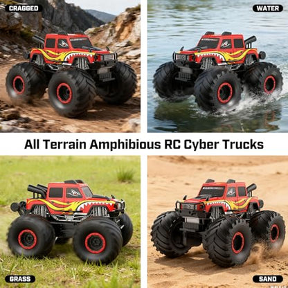 WayEee Amphibious Remote Control Car All Terrain RC Monster Truck Toys/Red | waterproof 4X4 monster truck off-road vehicles 2.4GHz remote control 1/18 Scale rc car toy for kids 6+ boys girls gifts - color: Red