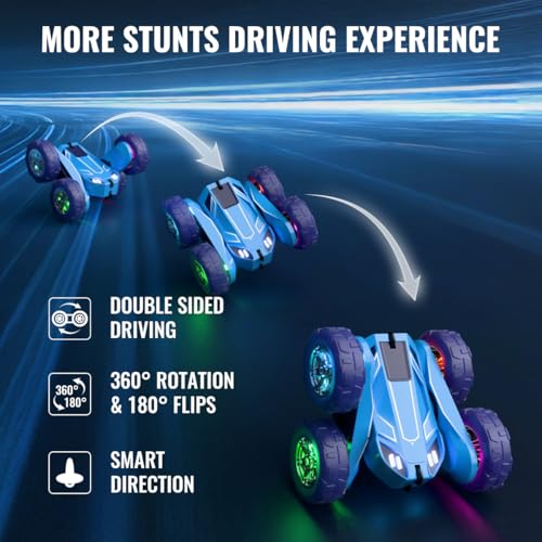 MaxTronic Fast Direct Charging Remote Control Car with LED，Exclusive Dual USB-C Charging for Car & Controller - 2.4Ghz 15km/h 360° Flips Rotations 4WD RC Stunt Car Fully Rechargeable for Kids 3-12 - color: Blue