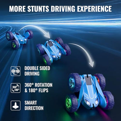 MaxTronic Fast Direct Charging Remote Control Car with LED，Exclusive Dual USB-C Charging for Car & Controller - 2.4Ghz 15km/h 360° Flips Rotations 4WD RC Stunt Car Fully Rechargeable for Kids 3-12 - color: Blue