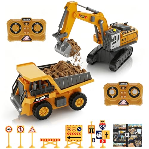 Mini RC Excavator and Dump Truck 1:64 Scale for Kids Adults | Desktop Alloy Remote Control Construction Vehicles with Lights, Sound, Variable Speed, Includes Traffic Signs and Play Mat