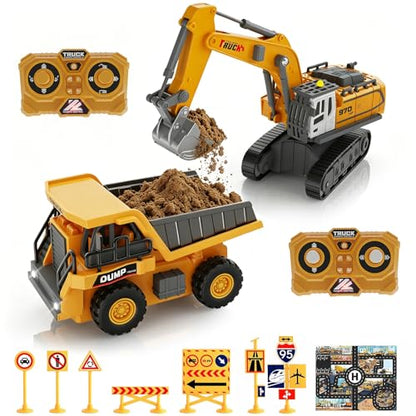 Mini RC Excavator and Dump Truck 1:64 Scale for Kids Adults | Desktop Alloy Remote Control Construction Vehicles with Lights, Sound, Variable Speed, Includes Traffic Signs and Play Mat