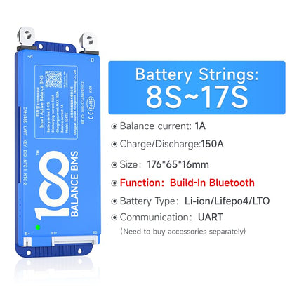 DALY Smart BMS 24V-72V 150A Built-in 1A Active Balancer | Bluetooth App Monitoring. 8S-24S LiFePO4 Li-ion LTO Support. Designed for E-Bikes, Golf Carts, RVs, Solar Systems - style: 150A 8-24S BT