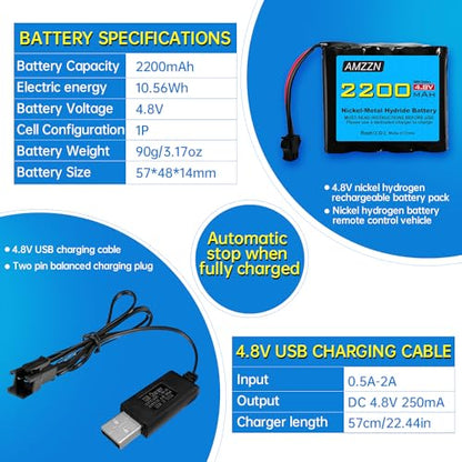 2PCS 4.8V 2200mAh AA NiMH Battery SM-2P Plug with USB Charger Remote Control Toy Car Battery for SY-E511 RC Excavator, E562 TD141 RC Car,Truck,and Off-Road Vehicle Batteries