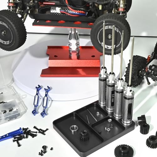 Magnet Tool Tray Aluminum Alloy Screw Tray with Tool Holder RC Parts Fixing for 1/10 RC Cars, Drones, Phone, Computer, Eyeglass, Electronic Multi-Compartment Anti-Loss Organizer Storage Box(Black) - color: Black