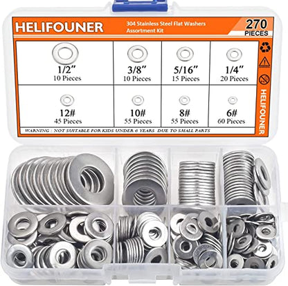 HELIFOUNER 270Pieces 8 Sizes Stainless Steel Flat Washers Assortment Kit, 1/2 3/8 5/16 1/4 12# 10# 8# 6#