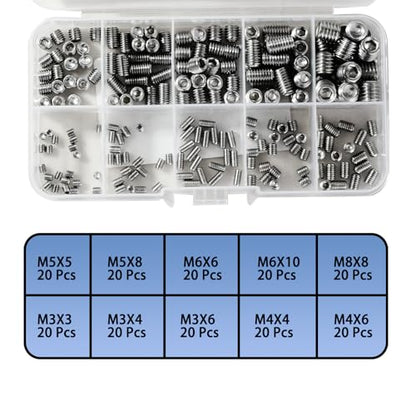 304 Stainless Steel Socket Set Screws Assortment Kit(200Pcs), M3 M4 M5 M6 M8 Hex Allen Head Grub Screws, Metric