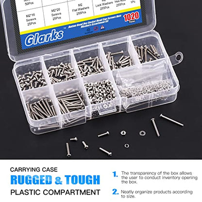 Glarks 1021Pcs M2 Button Head Screws 304 Stainless Steel Hex Socket Cap Screws Bolts and Nuts Washers Assortment Kit with Hex Wrench for Machinery Furniture Car Repair - size: M2 screw assortment kit