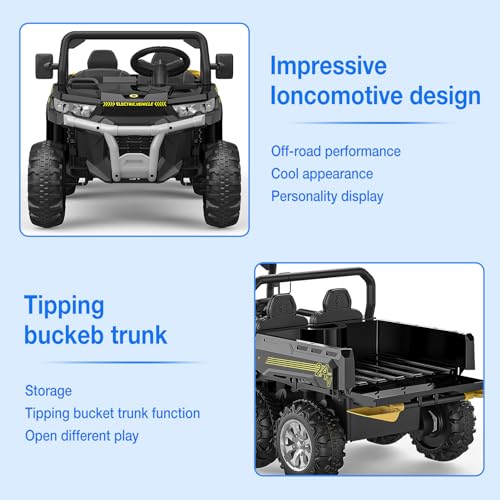 Hetoy 24V 2-Seater Ride On Dump Truck with Parent Remote Control, 4WD 6-Wheel Electric Car for Big Kids, UTV Style Dump Bed & Music Horn, ASTM/CPSIA Certified (Ages 3+) - color: Black