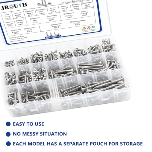 550Pcs Stainless Steel Wood Screws Assortment Kit, Philips Pan Head Sheet Metal Screws Self Tapping Screws, #4,#6,#8,#10,#12, Length 1/4" to 2" - Silver - color: Pan Head - 304 Stainless Steel - 550pcs