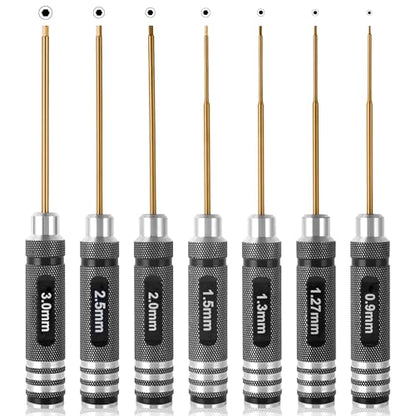 Professional RC Titanium Plated Ti Coated Hex Screwdriver Set 7PCS | Precision Hexagon Allen Kit (0.9-3.0mm) for RC Car, Drone, Helicopter, Durable RC Tool Kit