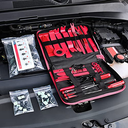 Nilight 200Pcs Trim Removal Tool, Auto Push Pin Bumper Retainer Clip Set | Fastener Terminal Remover Adhesive Cable Clips Round Handle Crowbar Kit Car Panel Radio Auto Clip Pliers - color: 200 Clips+ Remover Tools Red