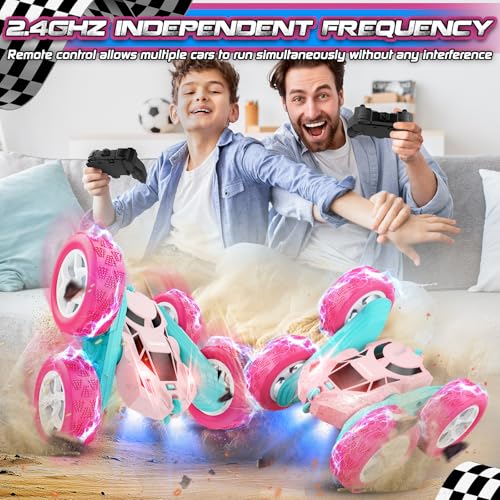 cosone Pink Remote Control Car for Girls | 2.4GHz RC Stunt Car, 360° Spins & Double Sided Driving, LED Lights, USB-C Rechargeable, One-Click Demo - color: Pink Pro