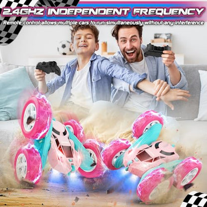 cosone Pink Remote Control Car for Girls | 2.4GHz RC Stunt Car, 360° Spins & Double Sided Driving, LED Lights, USB-C Rechargeable, One-Click Demo - color: Pink Pro
