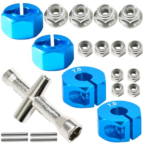 Aluminum 12mm Hex Wheel Hub 4Pcs w/Axle Pin M4 Flange Lock Nut Standard M3 M4 Nut 7mm Thickness Wheel Drive Adapter for 1/10 Traxxas HSP Redcat Rc4wd Tamiya Axial SCX10 WLtoy RC Car(25Pcs) - color: Sky Blue, size: 7.0