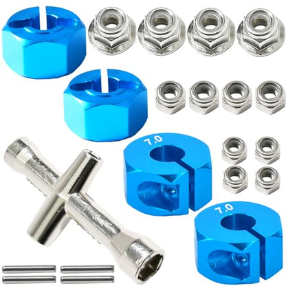 Aluminum 12mm Hex Wheel Hub 4Pcs w/Axle Pin M4 Flange Lock Nut Standard M3 M4 Nut 7mm Thickness Wheel Drive Adapter for 1/10 Traxxas HSP Redcat Rc4wd Tamiya Axial SCX10 WLtoy RC Car(25Pcs) - color: Sky Blue, size: 7.0